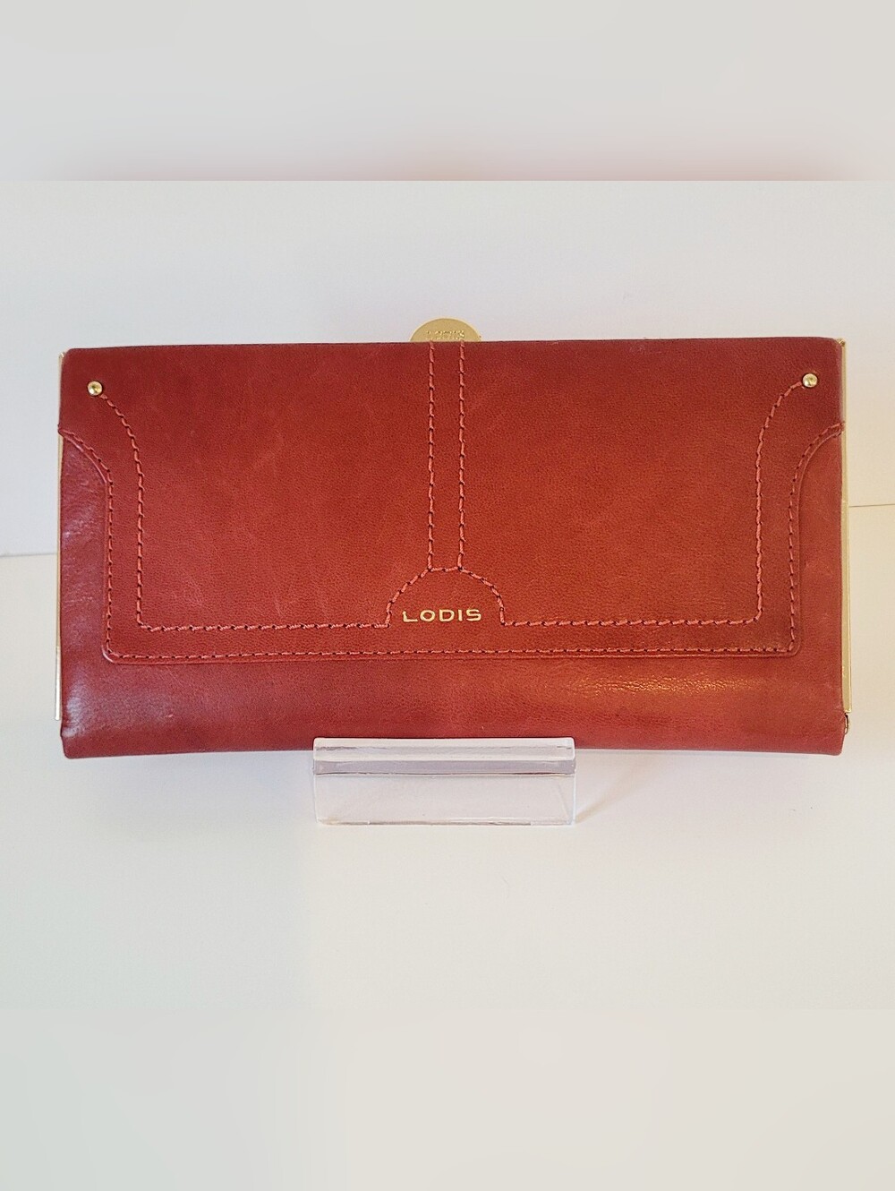 Lodis Leather Continental Wallet in Brick Red with Gold Logo